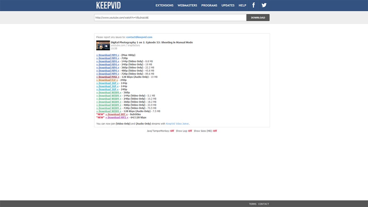 Elección de formatos en KeepVid