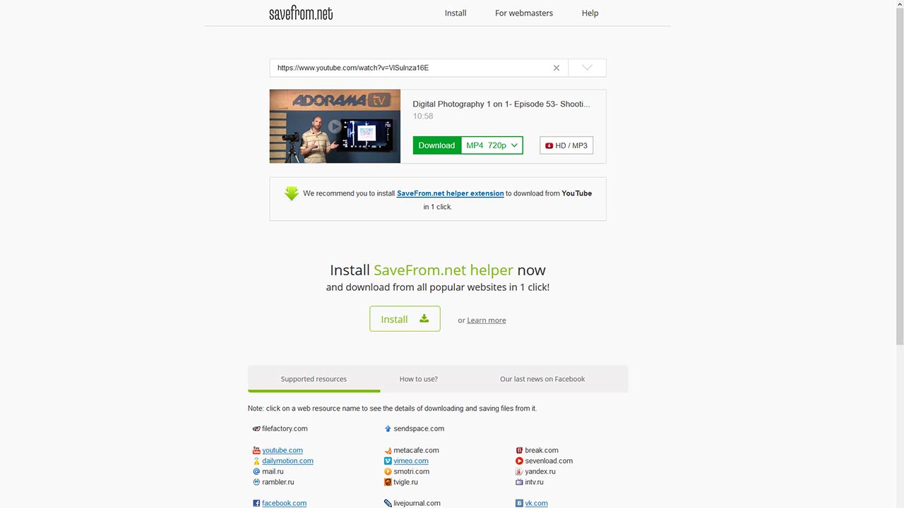 Elección de formatos y descarga de videos en savefrom.net