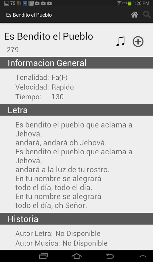 Información del coro (vista de tablet)